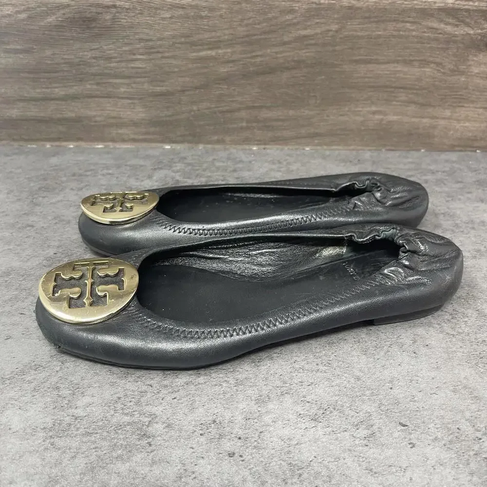 Tory Burch Minnie Travel Ballet Flats Womens Size 5 Black Leather Slip On Shoes